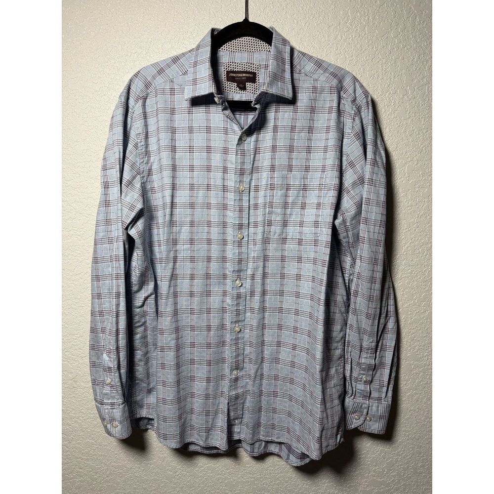 Johnston & Murphy Classic Fit Plaid Button Down Shirt L Large Light Blue Cotton - Picture 2 of 10
